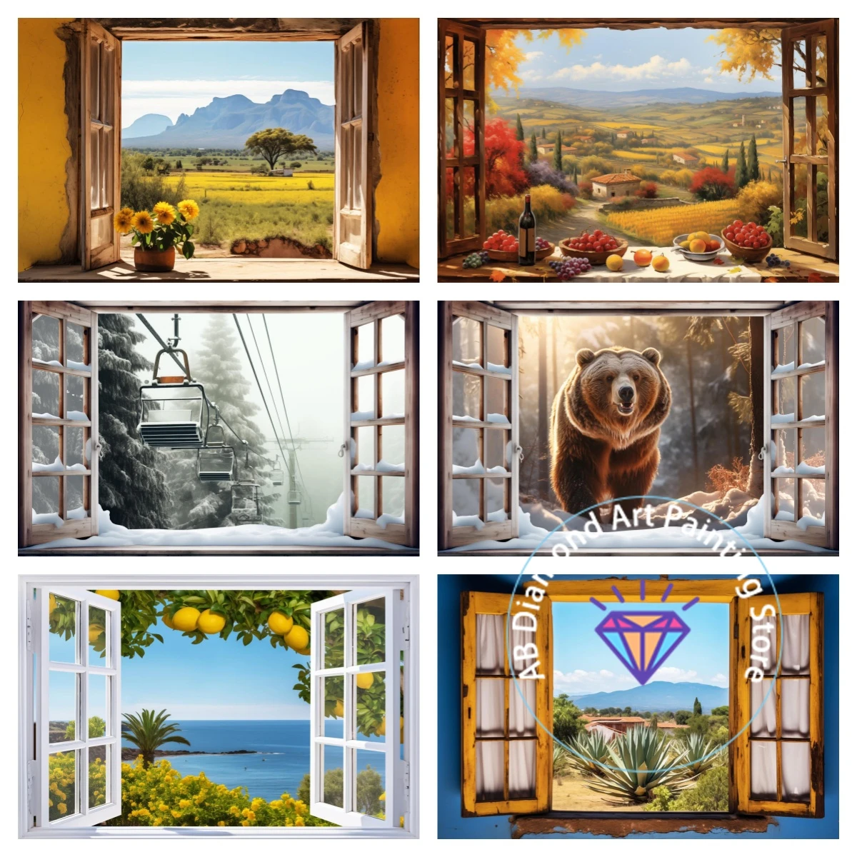 

Window Bear Lemons Tuscany Mountains Meadow AB Diamond Painting Kit 5D DIY Diamond Embroidery Handmade Art Gift Home Decoration