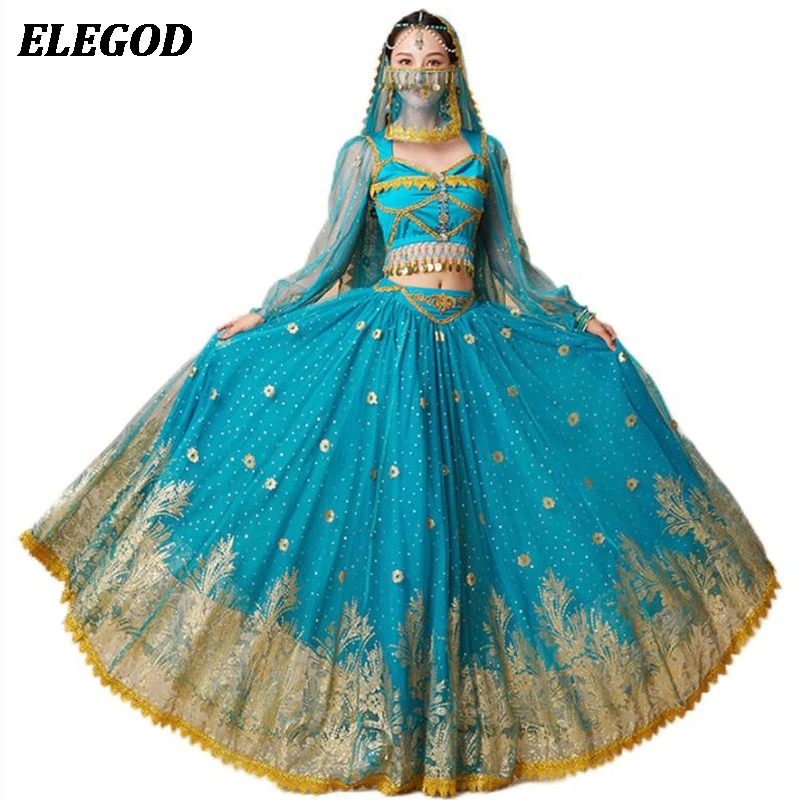 السيدات هالوين تأثيري أداء الزي النساء الرقص الشرقي سوينغ كبير فستان طويل الهندي بوليوود الياسمين الأميرة زي مجموعة #5