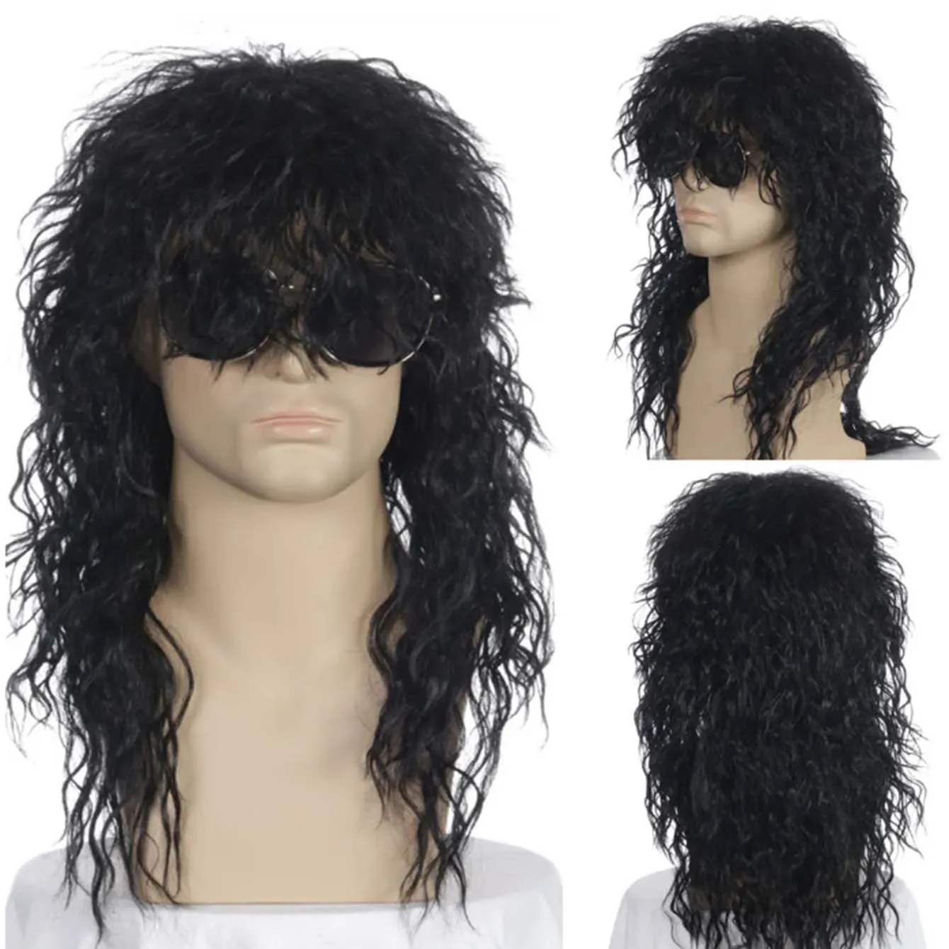 Synthetic Long Black Punk Fluffy Cury Wig for Men Cosplay 70s 80s RockStar Fake Hair Halloween Party Mullet Wig