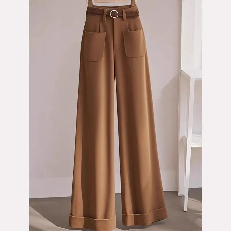 

French High-end Exquisite and Fashionable Age-reducing Cold and Chic Lady Unique Slimming Khaki Wide-leg Pants