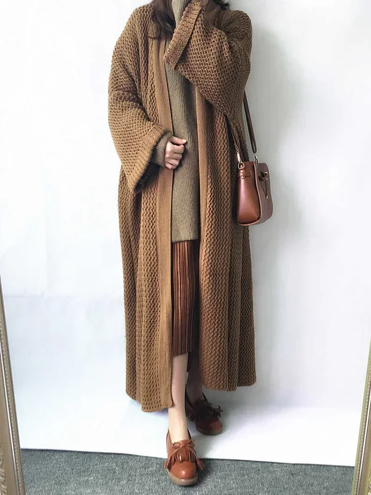 Long Knitting Cardigan Sweater  Big Size Loose Fit V-Neck Long Sleeve Women New Fashion Tide Autumn Winter 2024 Warm Coat