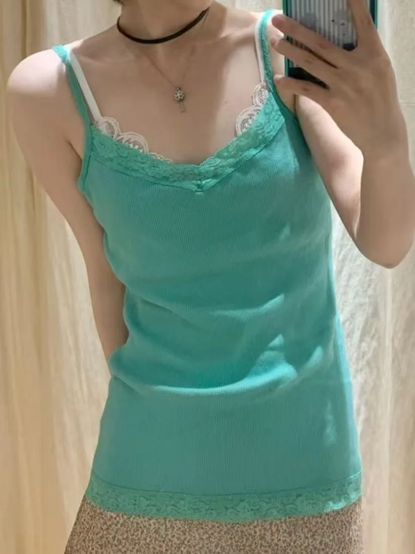 Mint Green Ribbed Tank Tops Women Casual Basic Slim Lace Trim V-neck Cotton Lined Camisole Sweet Vintage Preppy Style Vest New