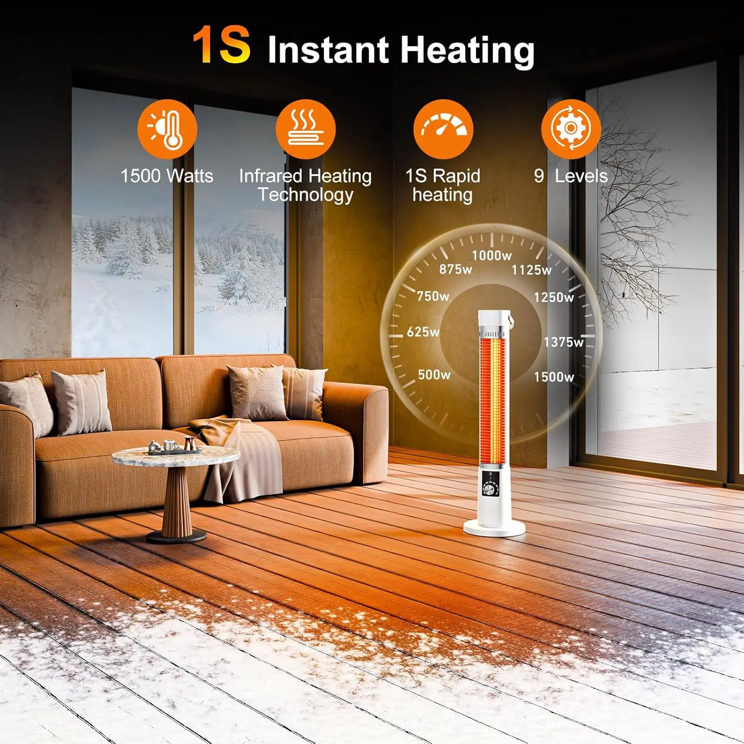 Heater for Patio, 1500W Infrared Electric Heaters Indoor w/Remote, 60° Oscillation, 9H Timer, 9 Heat Level, Tip-Over/Overheating