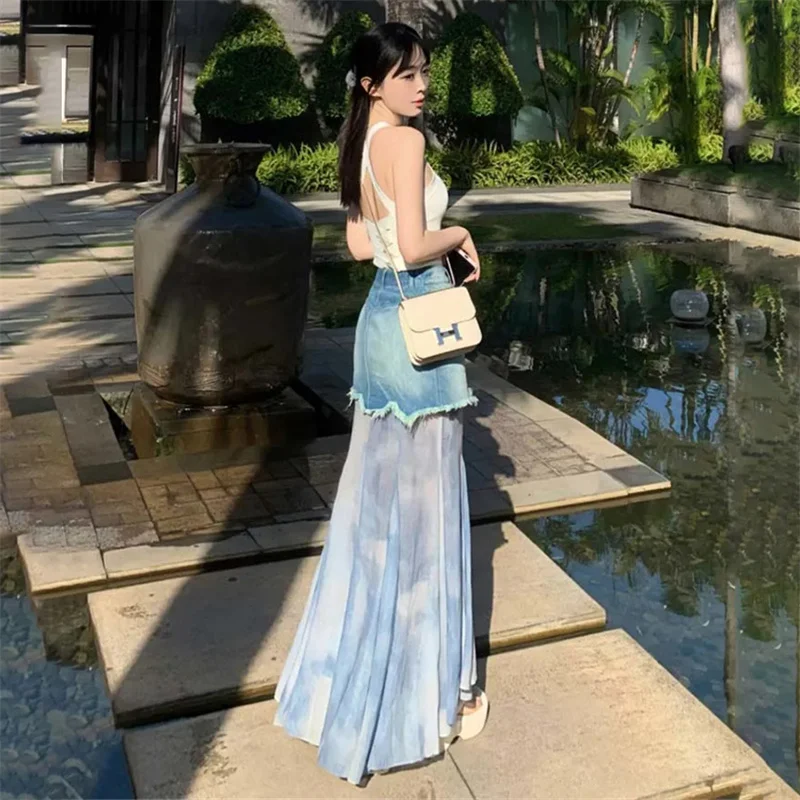 

Spring Summer Blue Denim Skirt 2025 New Solid Color Women's Clothes Fishtail Dress Fashion Spliced Mesh Female A Word Skirt