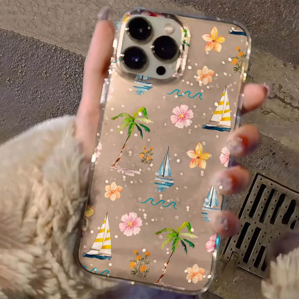 Beach coconut trees Clear Glitter Phone Case For iPhone 17 15 13 16 12 11 14 Pro Max 17 Air XR X 16e Cases Shockproof INS Cover view 4
