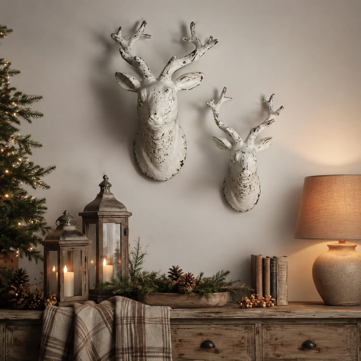 2Pcs Vintage Distressed Platinum Reindeer Head Wall Sculpture Set - Handmade Magnesium Oxide 3D Deer Wall Hanging Rustic Farmhouse Nordic Christmas Decoration Living Room Entrance Gallery Wall Holiday Home Decoration G