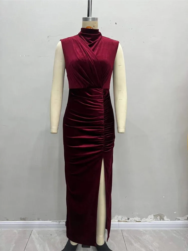 Robe de soirée Maxi en velours pour femmes, élégante, sans manches, col montant, fente latérale, coupe cintrée, longue, Sexy, automne hiver 2025