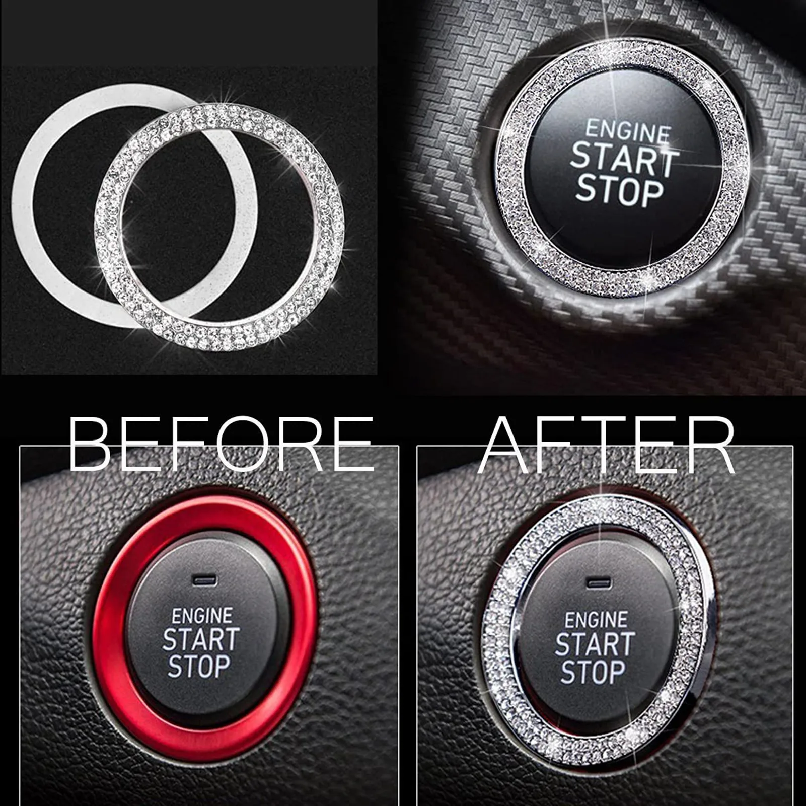 Car Ignition Start Button Decor Push Start Button Cover Crown Crystal Rhinestone Car Interior Decor Accessories