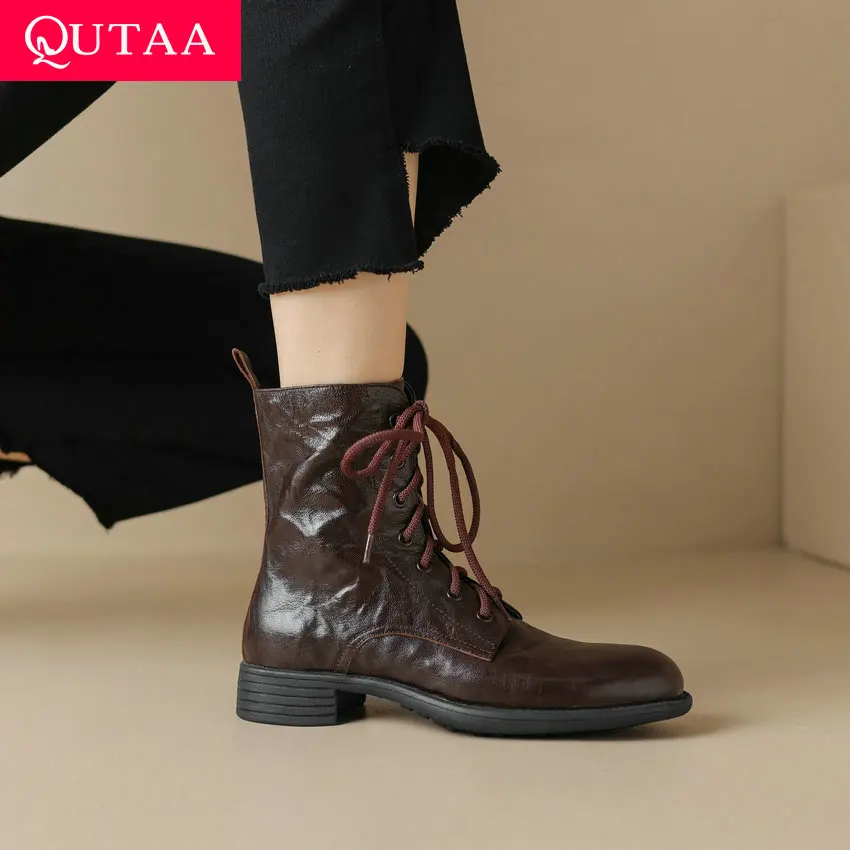 Qutaa 2024 retro gekreuzte Frauen Stiefeletten dicke niedrige Absätze Echt leder Reiß verschluss Schuhe Frau Herbst Winter Größe 34-39