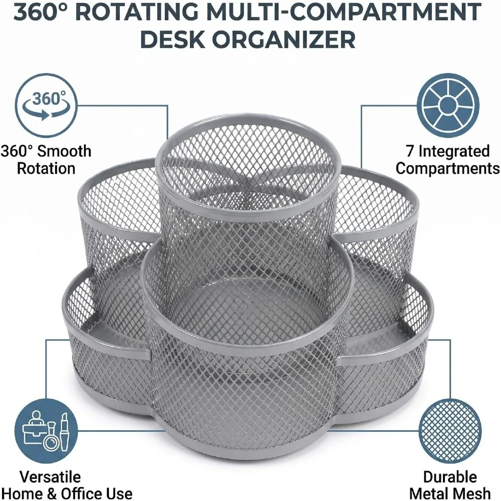 Mesh Rotating Pen Holder Multi Grid Cylindrical Metal Makeup Brush Holder Metal Silver Rotatable Cosmetic Container