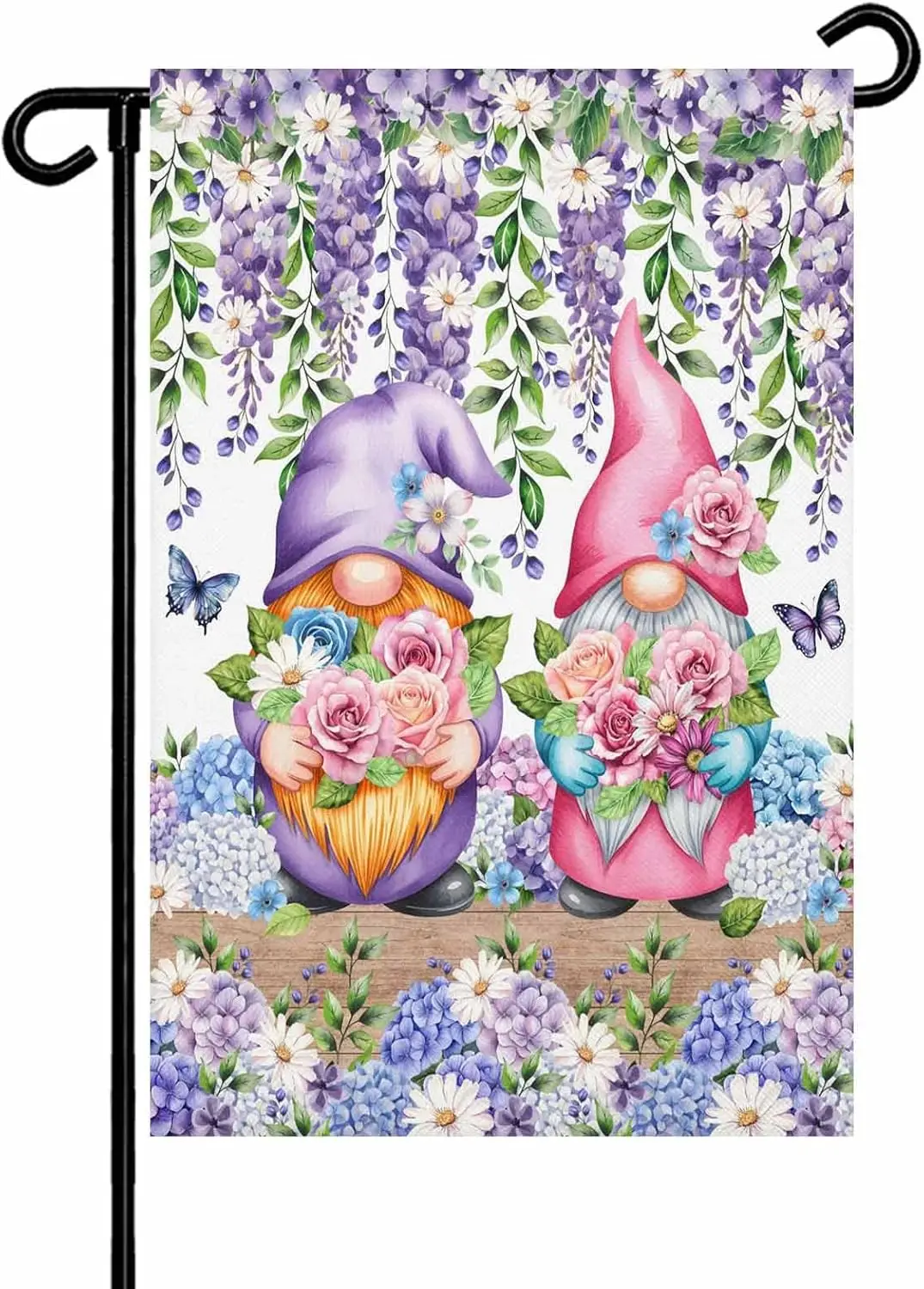 Spring Gnomes Garden Flag for Outside, Watercolor Purple Blue White Floral Leaf Butterflies Wood Grain 12x18 Inch Double Sid MMZ