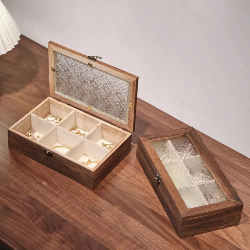 

Vintage Wooden Jewelry Storage Box Decorative Desktop Sorting Glass Cover Jewelry Box Flip Cover Crabapple Flower