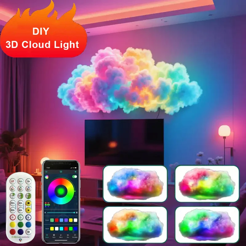 

DIY Cloud LED Light Music Sync Multicolor RGBIC LED Strip Lights Remote&APP Control DIY Thunder Cloud Lamp Room Atmosphere Light