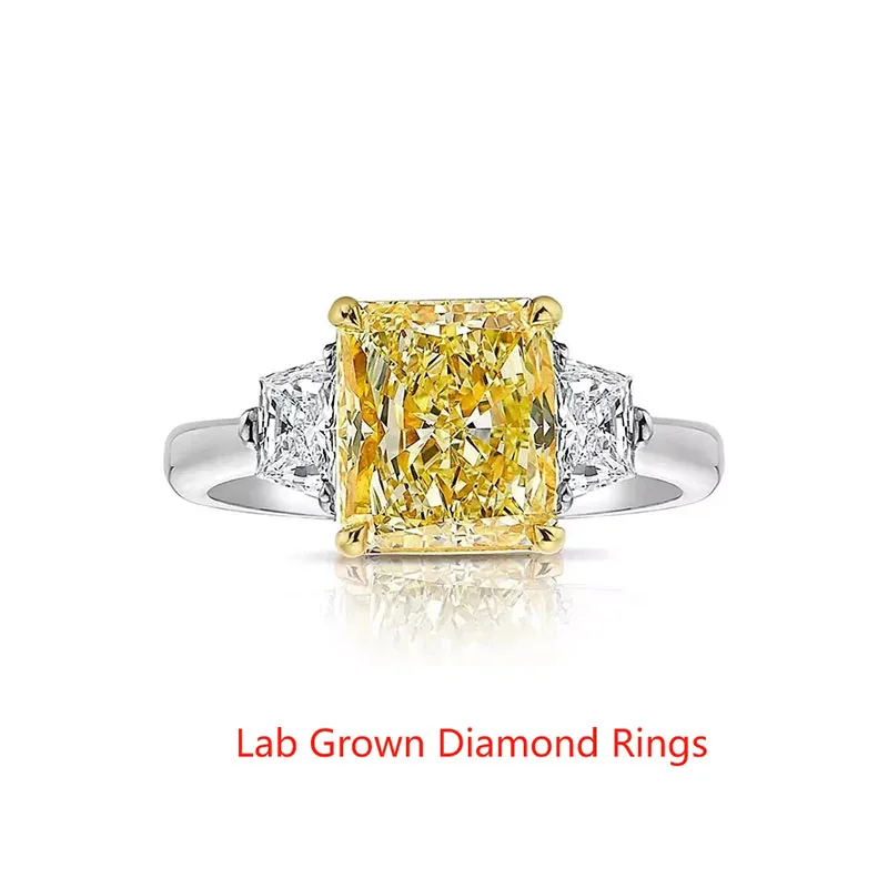 Diamond Ring Yellow Lab Grown Diamond VS IGI 14K Yellow Gold Basket & Platinum 950 Band 2CT Main Stone Radiant Cut Diamond Ring