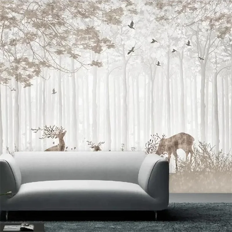 Custom Wallpaper 3d large tree mural black and white birch forest background decorative bamboo leaf crane study tea room Murals