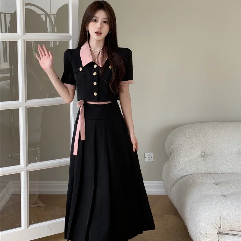 Women Preppy Style Patchwork Coat Skirts Two Piece Dress Set Summer 2023 Korean Lady Graceful Short Jacket Skirt with Waist Suit