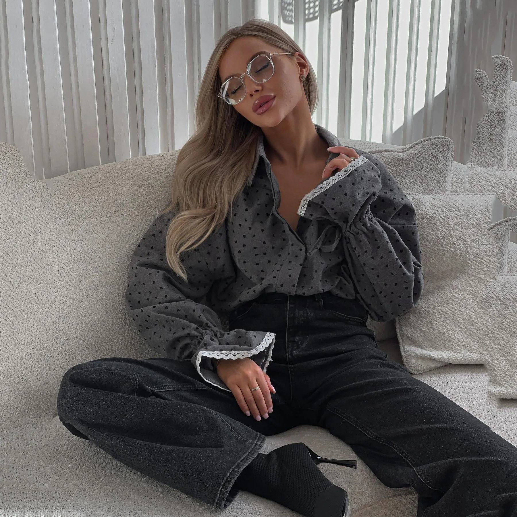 Herfst- en wintermodetrend damesshirt vest met enkele rij knopen herfst nieuwe temperament liefde bedrukte top