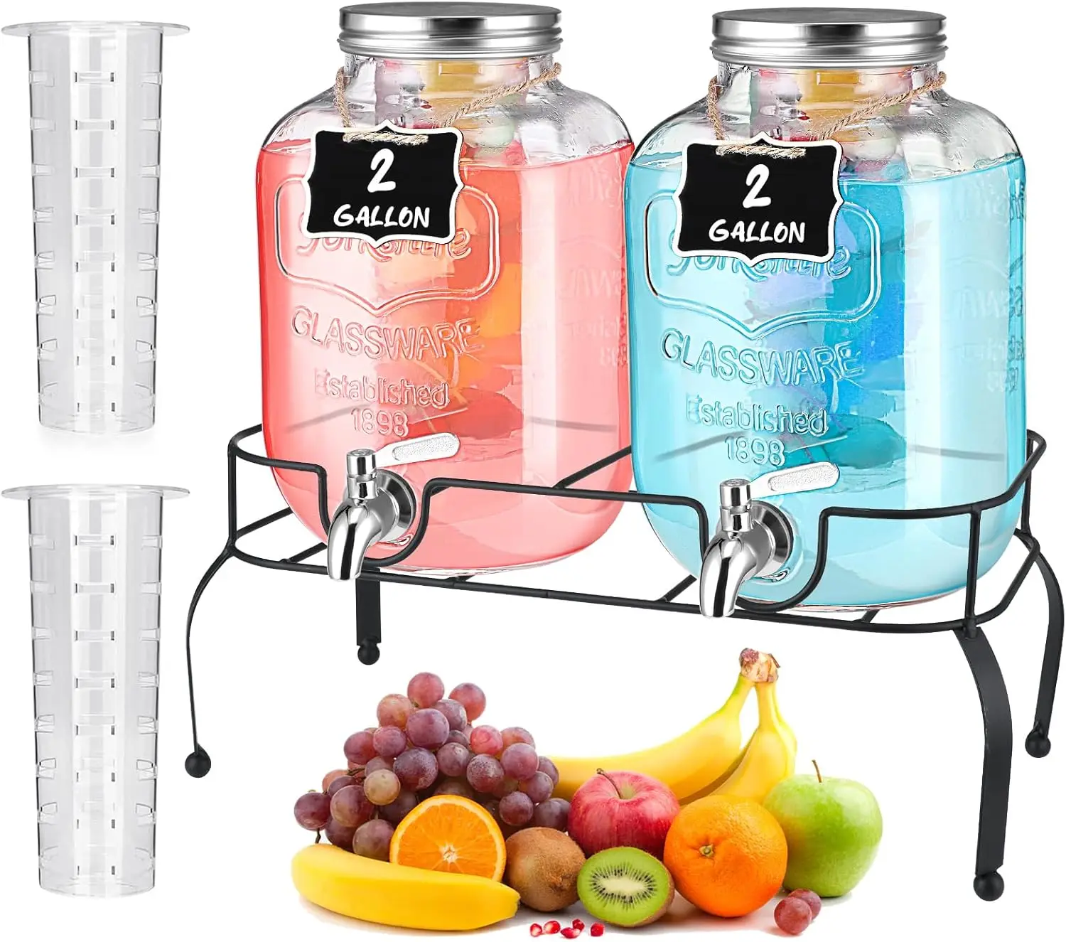 

2 Gallon Glass Drink Dispenser with Stand Ice Cylinder Hanging Chalkboard Signs 18/8 Stainless Steel Spigot Beverage Dispensers