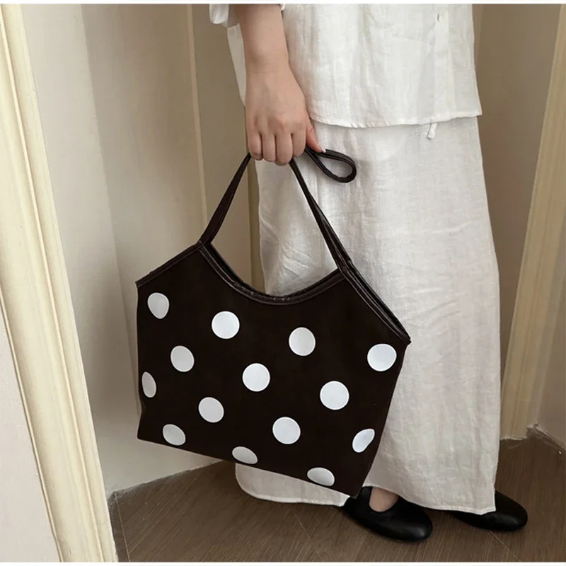 Koreanische Schultertasche mit Polka-Dot-Muster, Vintage-Kunsthandwerkliche Canvas-Tragetasche für Damen, lässige Alltagstasche mit Henkel. – Detail 9