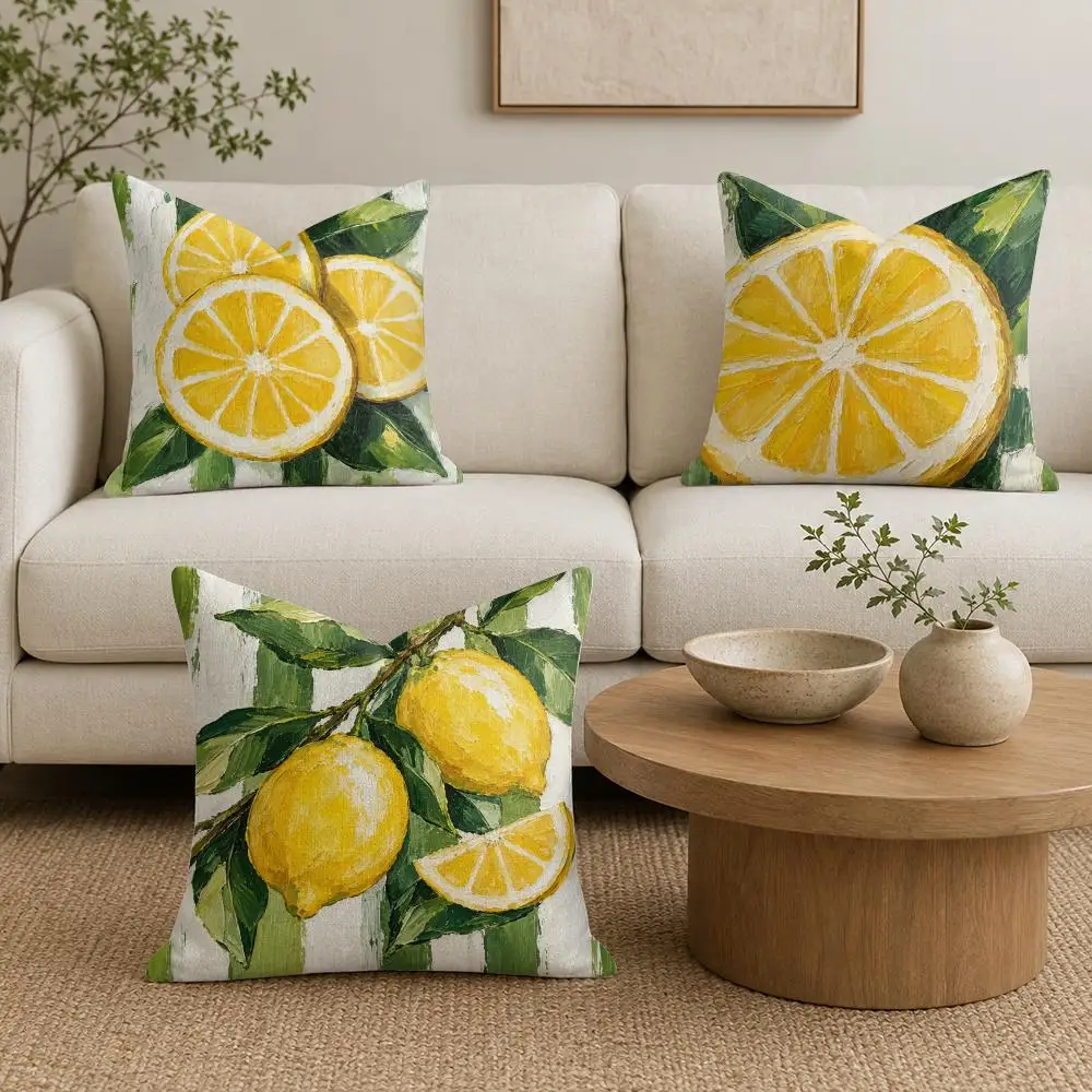 Lemon Slices Cushion Cover Organic Linen Throw Pillow Cover - Double-Sided Print Breathable Cushion Case Home Decor