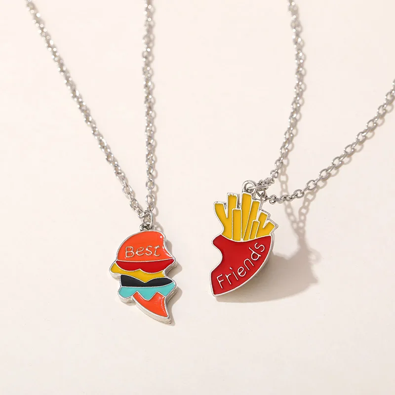 2Pcs Hamburger Fries Best Friend Pendant Necklace Adjustable Miniature Simulation Heart Shape Men Women Couple Choke Jewelry