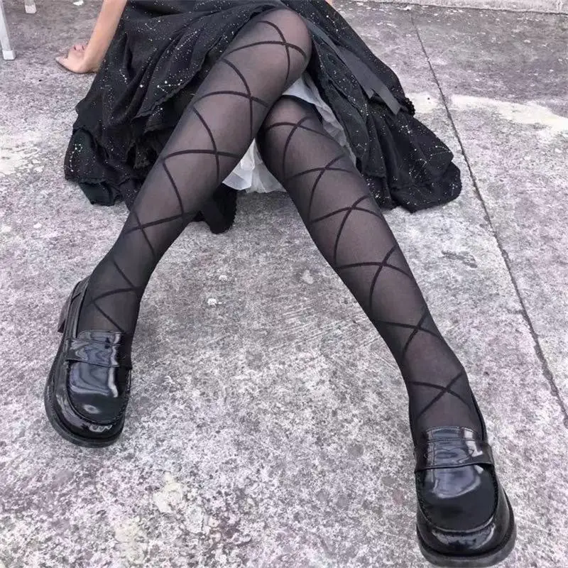 195E النساء لوليتا رقيقة حريري جوارب طويلة اليابانية القوطية أنيمي وهمية ل الصليب ضمادة الملاك الجناح منقوشة تأثيري الجوارب #5