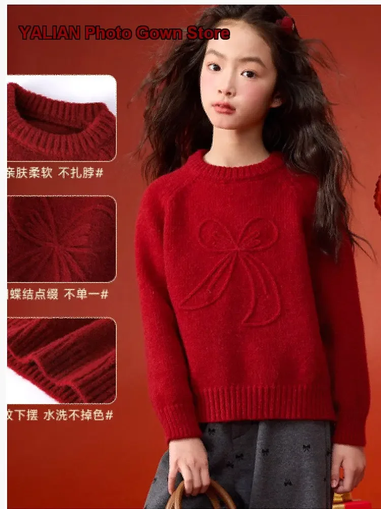 Girls Pullover Sweater Kids Autumn Winter Knit Top Solid Color Fashionable Older Kids