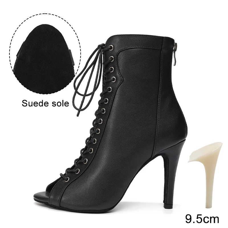 HROYL High Heel Dance Shoes Woman Beige Black Latin Dance Booties Women Open Toe Lace Up Stiletto Boots for Girls Suede Sole
