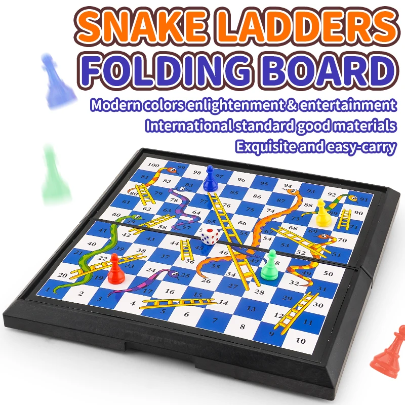 Juego de mesa internacional de serpientes y escaleras para padres e hijos, tablero plegable sin magnéticos con almacenamiento para piezas de juego