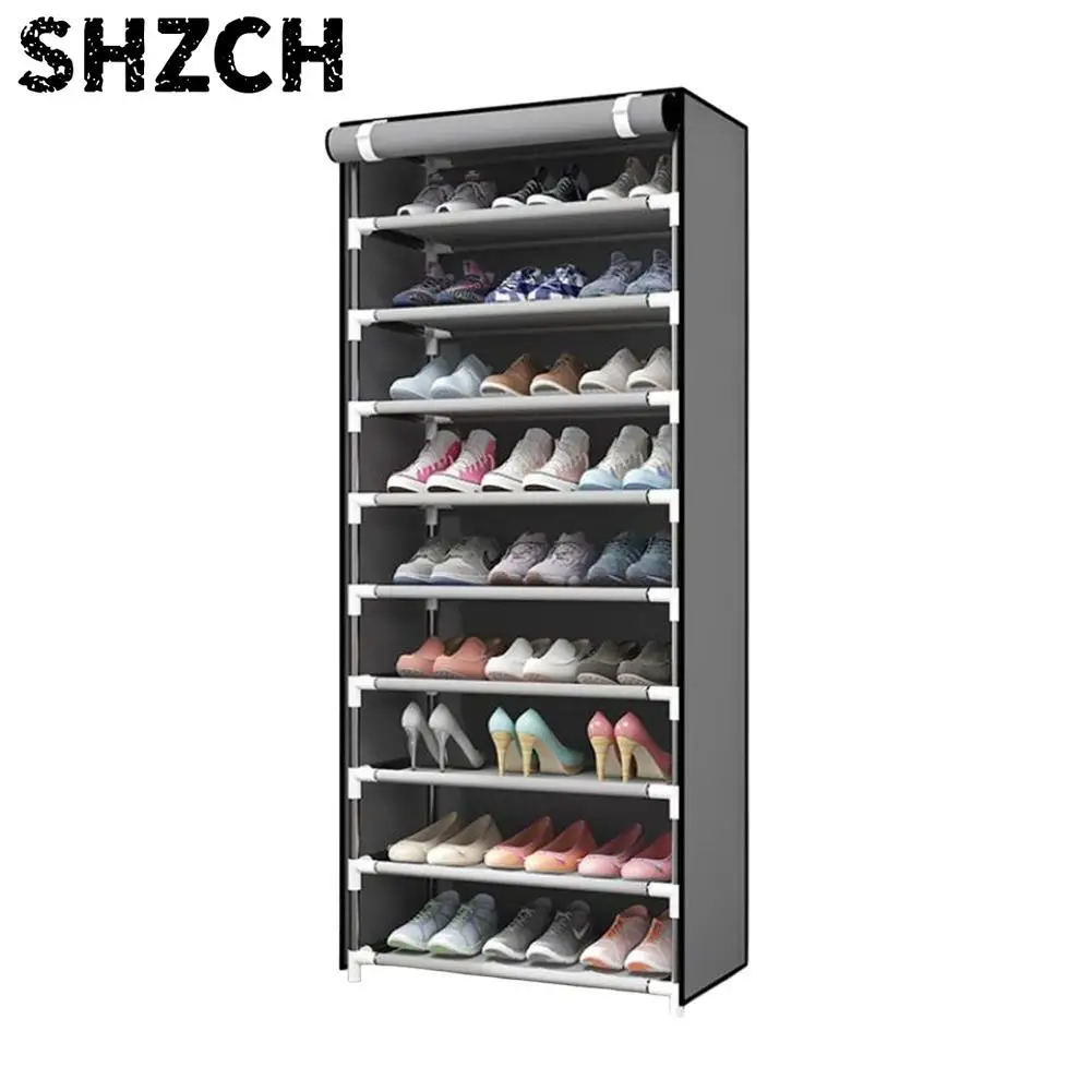 Shoe organizer with fabric cover for 9-27 pairs, available in multiple levels (4-10), total dimensions 160 x 30 x 60 cm。