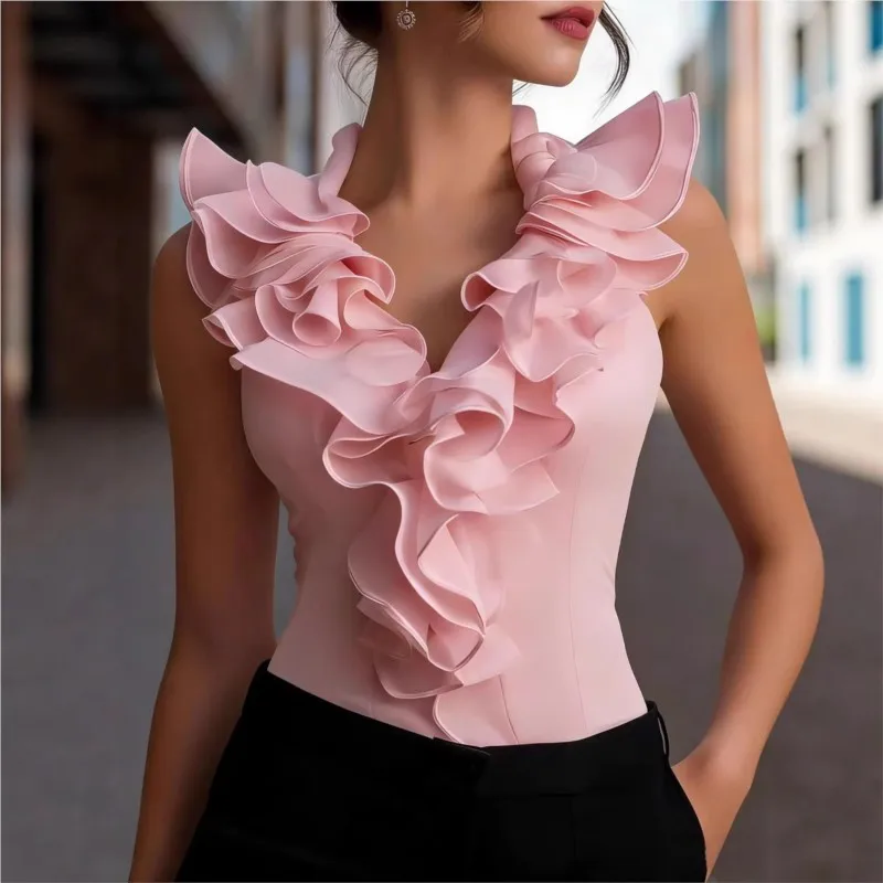 Elegant Ruffle Edge Lace Patchwork Design Tops Summer Woman's Fashion Sleeveless V-neck Short Shirt Ladies Versatile Blouses