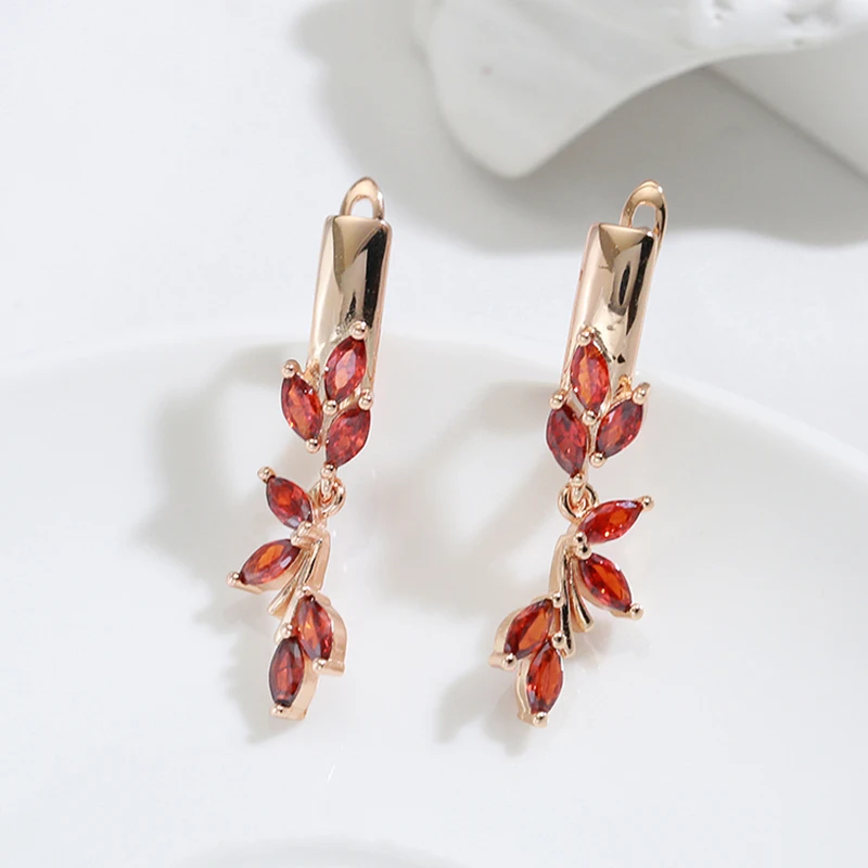 SYOUJYO 585 Rose Gold Color Long Drop Earrings For Women Orange Natural Zircon Bride Wedding Jewelry Vintage Leaf Dangle Earring