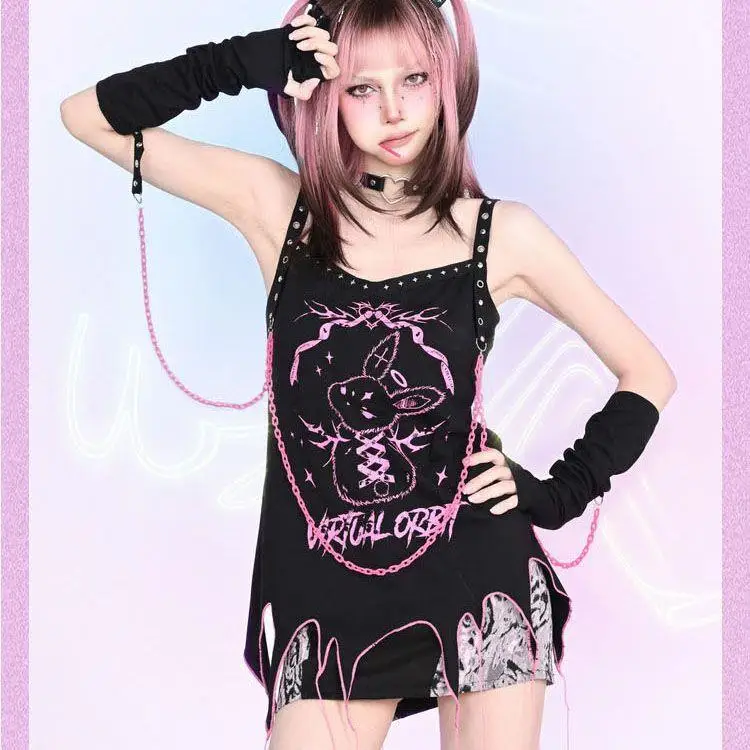 Subculture Y2k Babes Sweet Cool Bunny Print Black Pink Sleeve Camisoles Summer 2024 Wear T-shirts Outside Student Tide