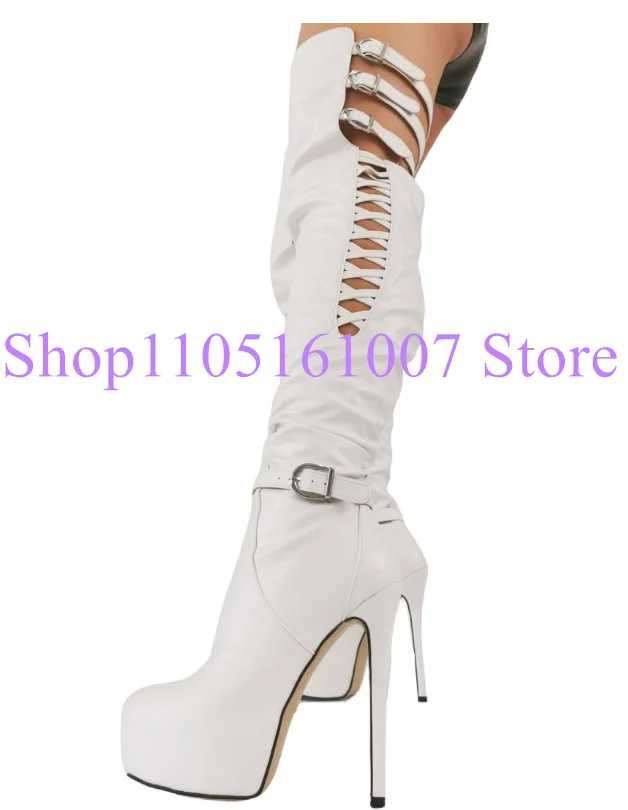 Black White Leather Hollow Out Lady Long Boots Sexy Stiletto Heel Platform Over the Knee Boots Woman Fashion Dress Party Shoes