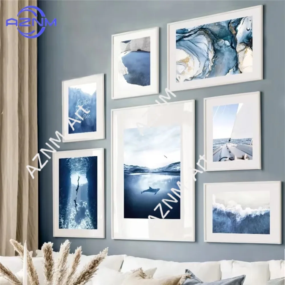 1PC ，Nordic Dark Blue Langdscape Ocean Beach Seascape Posters and Prints Wall Art Canvas Painting Wall Pictures Room Decor