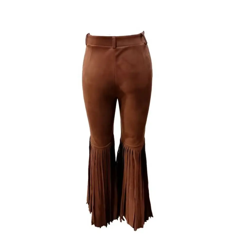 Solid Color Suede Tassel Pants Splicing Design Fringe Hem Retro High Waist Trousers Boho Style Streetwear Slim Fit Flare Pants