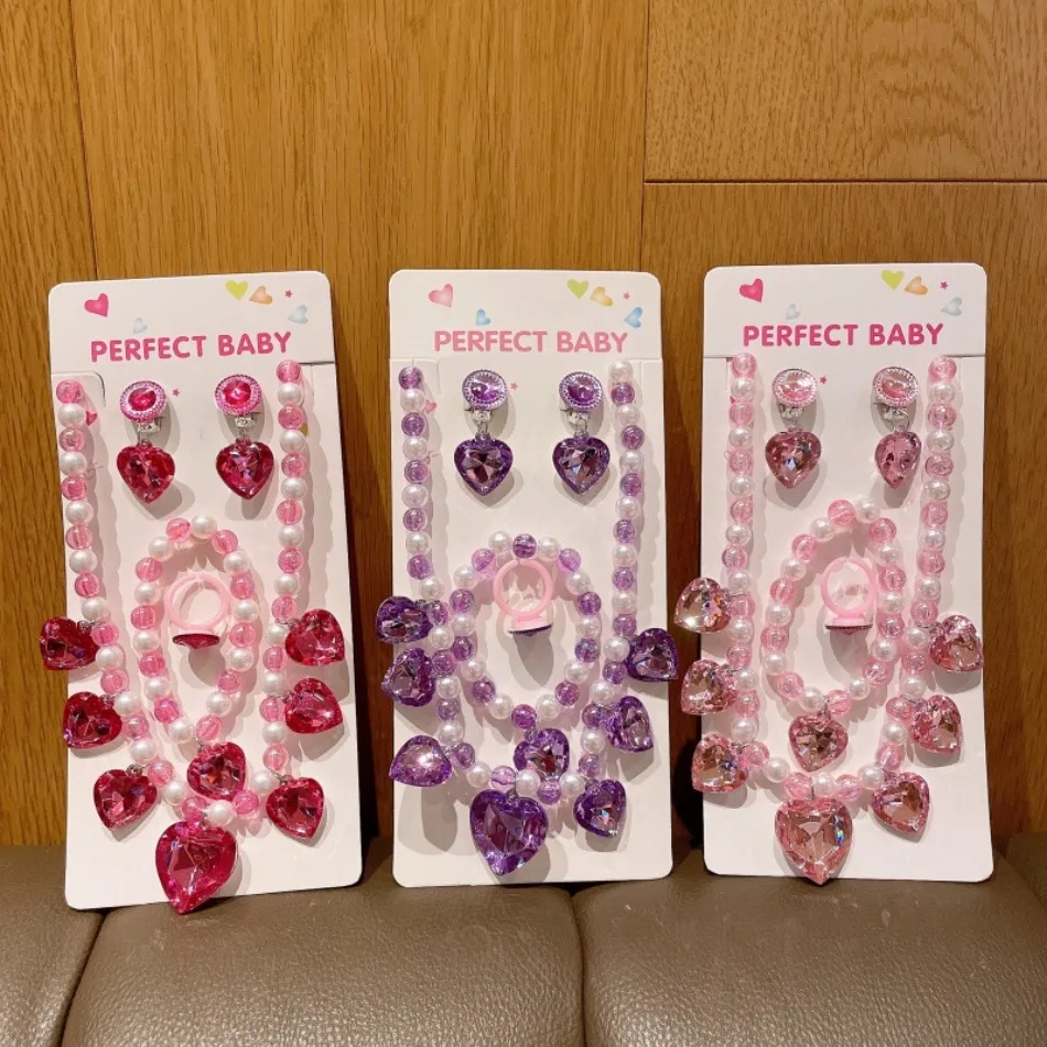 Children Beaded Fake Diamond Necklace Jewelry Set Girl Princess Heart Bracelet Earrings Rhinestone Ring Girl Baby Kids Gift ZX07