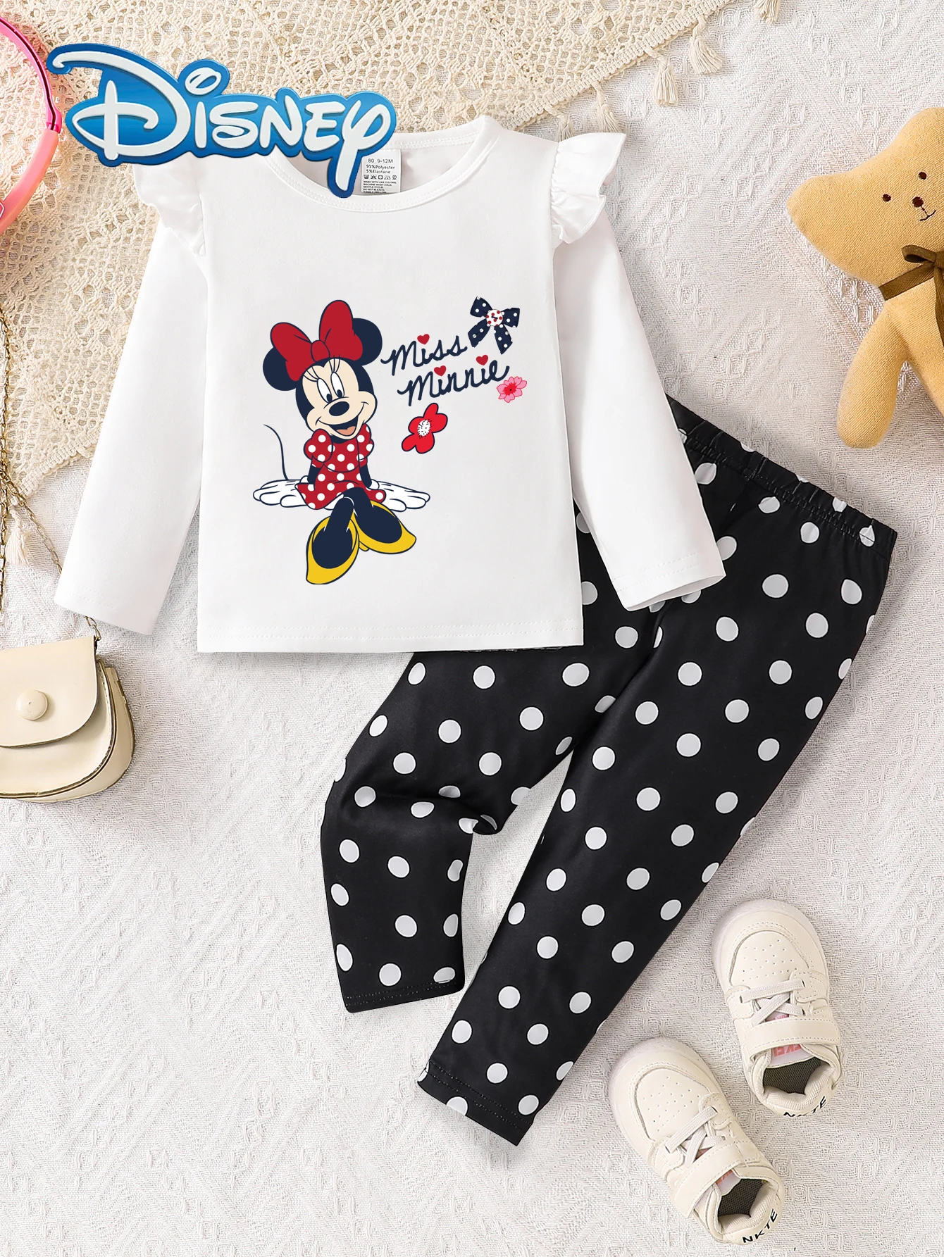 【مرخص رسميًا】مجموعة سراويل ديزني ميني ماوس مكونة من قطعتين للربيع والخريف للفتيات الصغيرات كاجوال بأكمام طويلة مطبوعة برسوم كارتونية ميني ماوس + سراويل مرنة قابلة للتمدد قليلاً للرياضات الخارجية، ملابس رائعة ومتعددة الاستخدامات، هدية رائعة للفتيات #1
