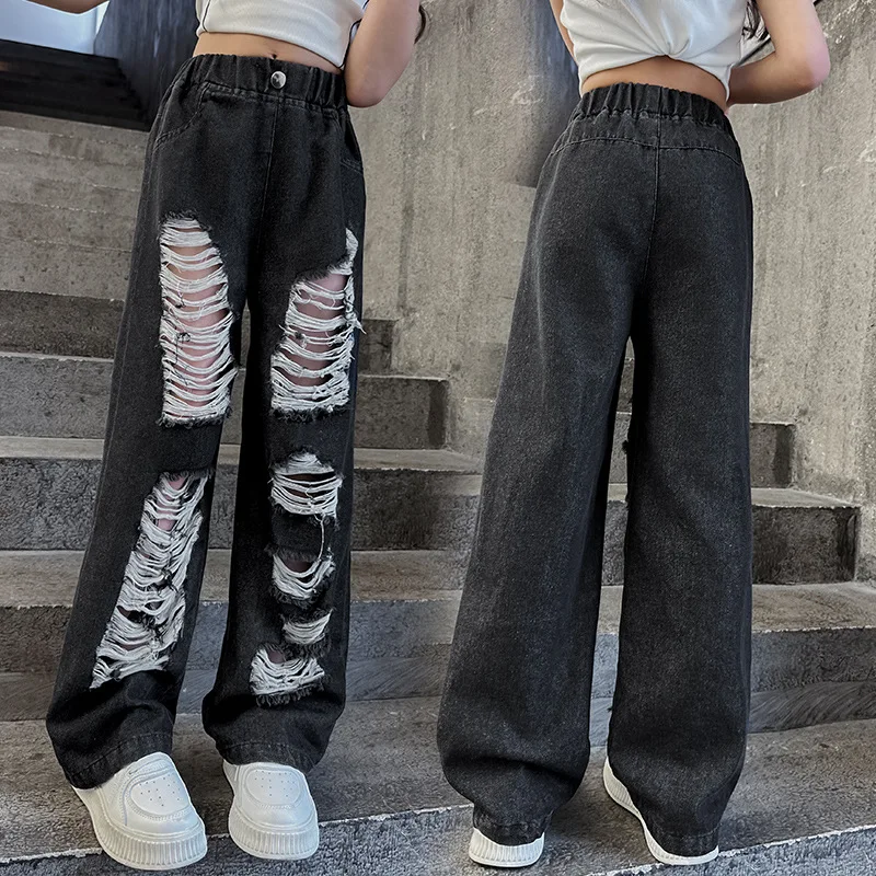 teen Girl Black Jeans 2024 Summer Thin Pop Street Trendy Beggars Hole Broken Straight Narrow Loose Wide Leg Pants pantalon fille