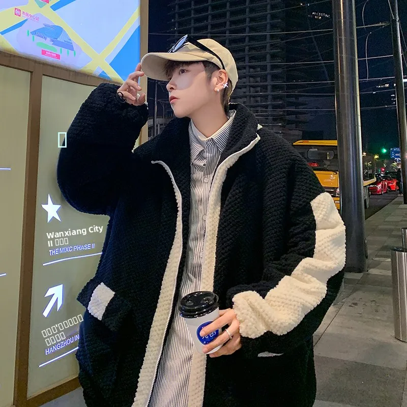 

Lamb Velvet Thickened Winter Jacket for Men Loose Fit Youth Casual Style Cotton Coat with Stand Collar Zipper Closure C...