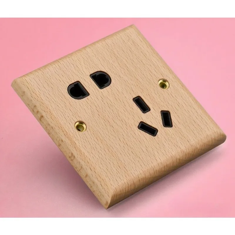 Nordic & USA Simple Solid Wood Retro 86 Type Switch Socket Panel, Brass Toggle Lever Original Wood Color Beech Wood