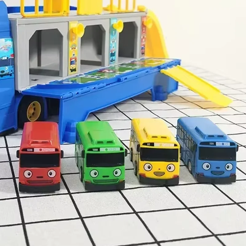 Cartoon Tayos Il piccolo autobus Contenitore per camion Scatola di immagazzinaggio Parcheggio con 3 tirare indietro Mini auto Giocattoli Ragazzo Regali di compleanno per bambini