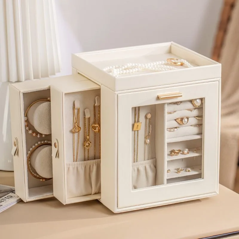 Rotatable Jewelry Storage Box Leather Jewelry Organizer Boxes Large Capacity Necklace Storage Drawer Luxury Earring Display Case