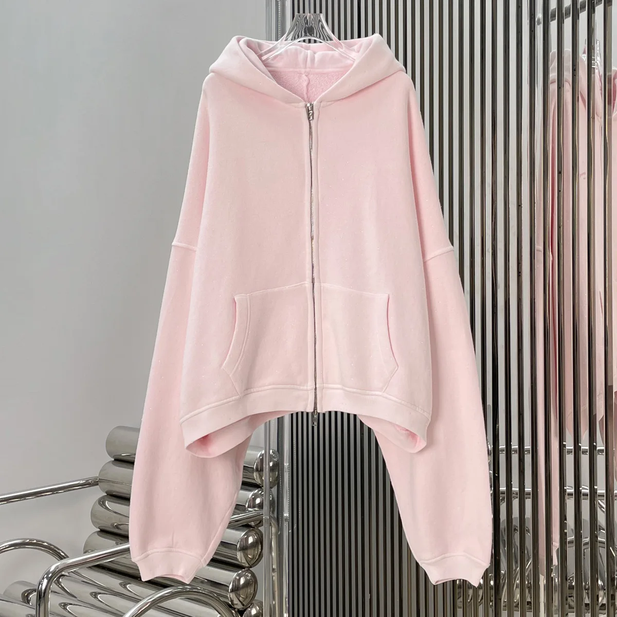 High Quality Women Rhinestone Zip‑Up Oversized Hoodie Long Sleeve Loose Casual Jacket lyt127728