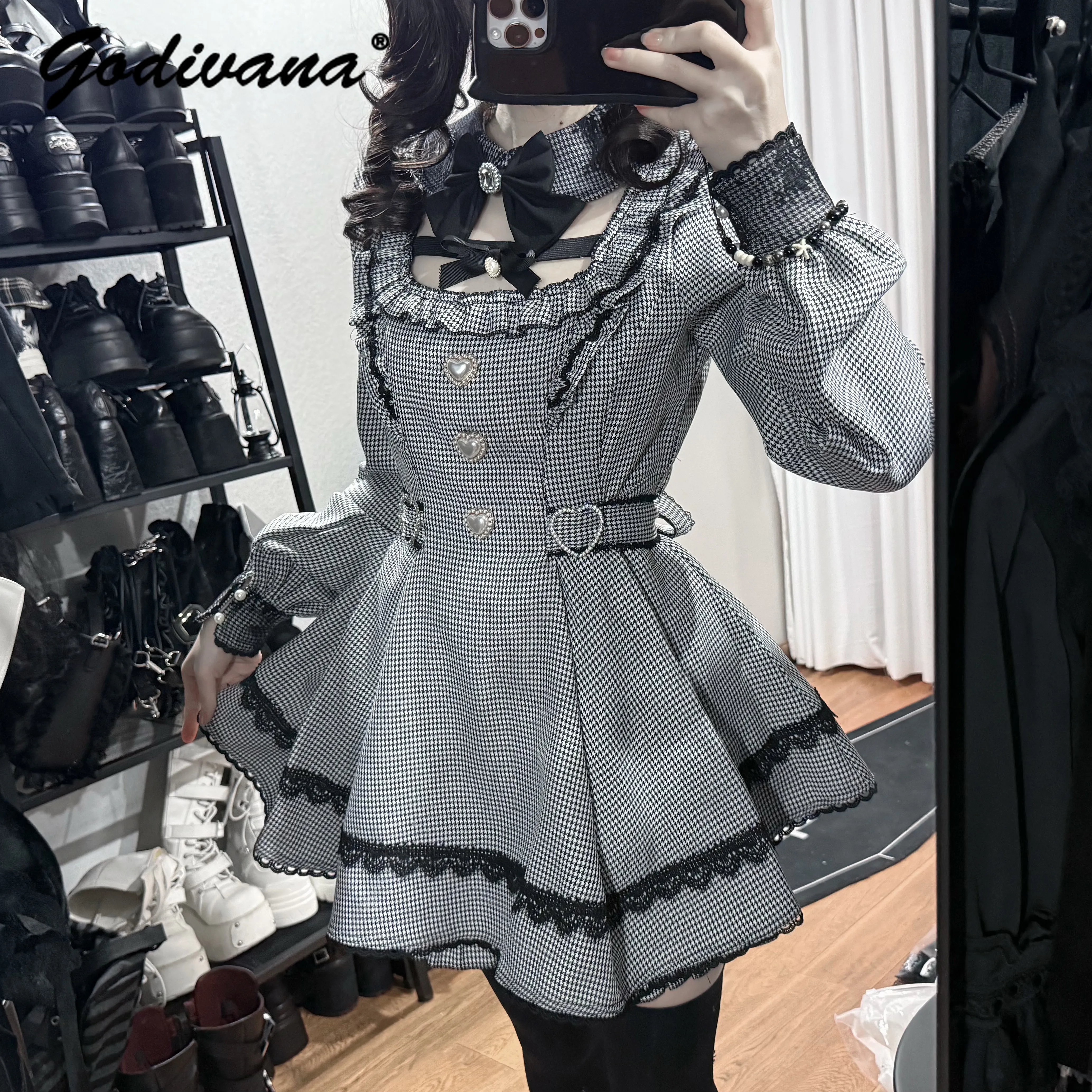 Japanese Style Mass-Produced Sweet Lace Bow Lolita Outfit Set New Spring Girl Womens Long Sleeve Slim Plaid Dress and Shorts Set