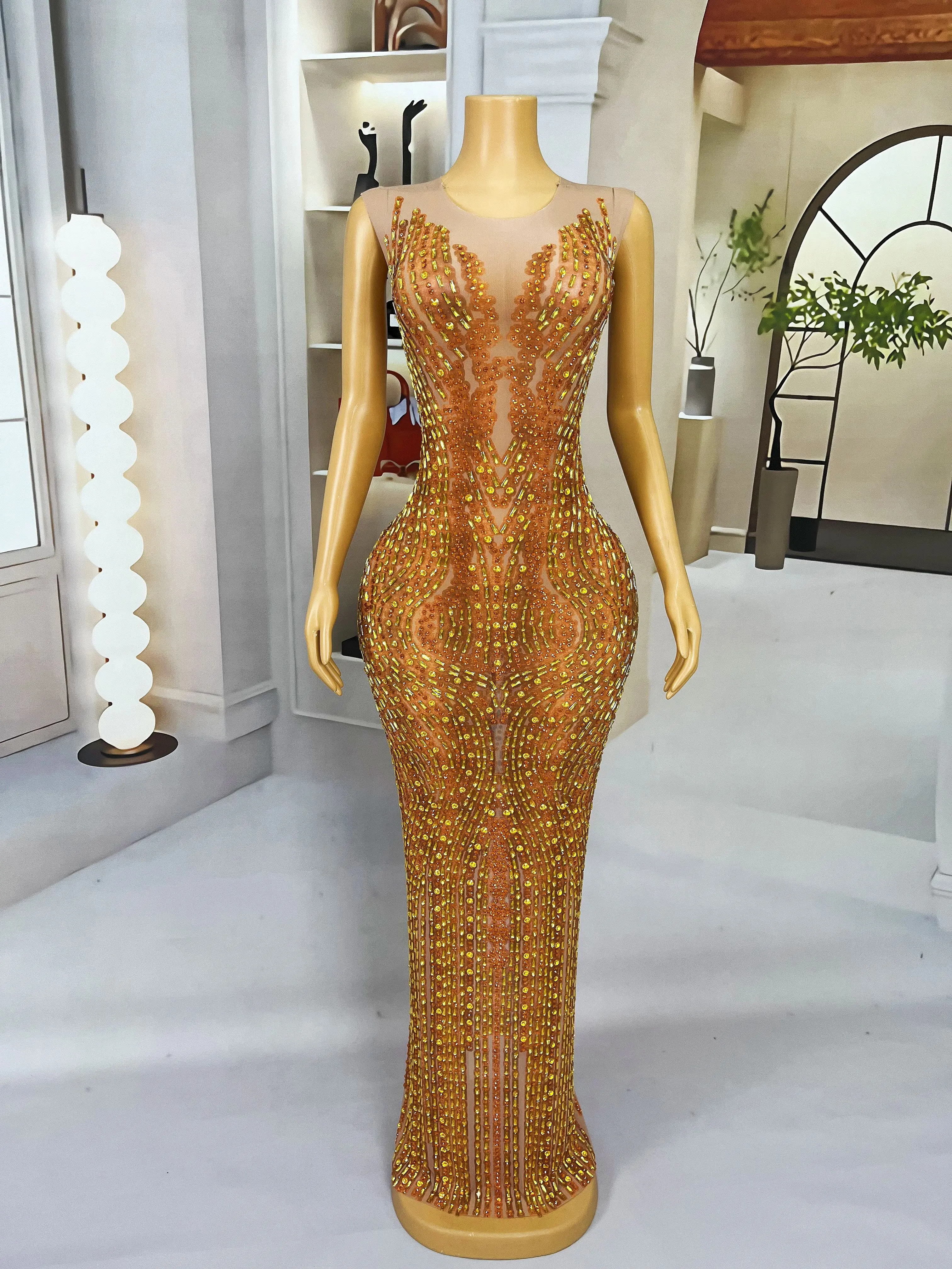 Fashion Orange Shining Gorgeous Rhinestones Cultivation Maxi Dress Evening Cocktail Party Show Gown Stage Costume lieyan