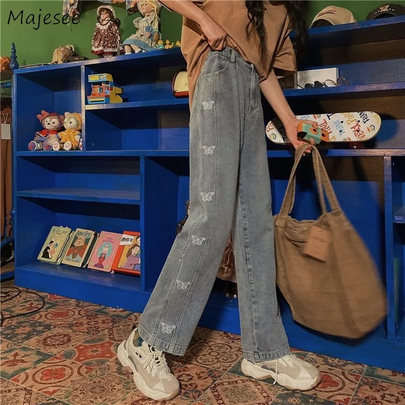 

Jeans Women Straight High Waist Denim Retro Personality Butterfly Embroidery Streetwear Simple Popular Fashion Womens Trousers