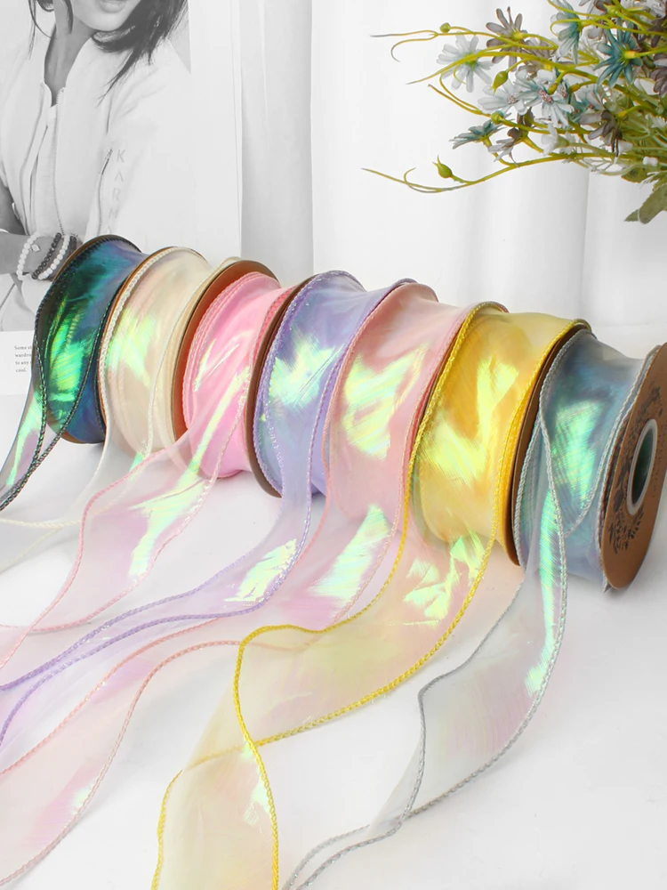 Iridescent Fishtail Yarn Gift Ribbons for Flowers Bouquet Packaging Organza Wired Ribbon for Valentine\'s Day Wedding Decorations