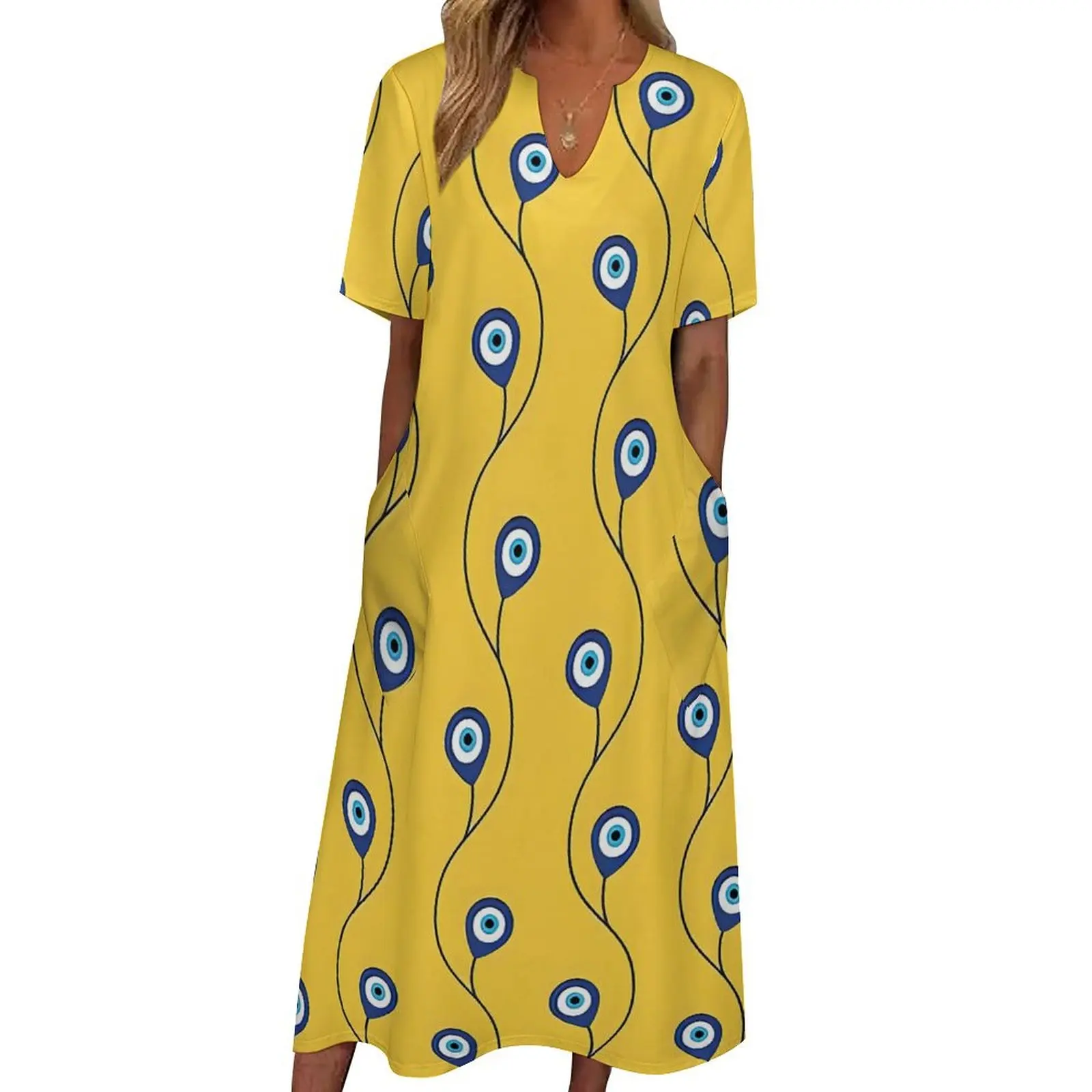 Nazar Evil Eye Dress Turkish Eye Charm Elegant Maxi Dress Street Wear Bohemia Long Dresses Ladies V Neck Print Big Size Clothes