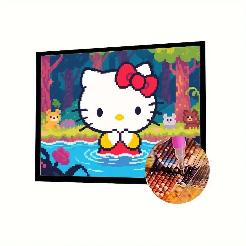 

1PC 5D DIY Full Drill Diamond Painting Kit - Cute Hello Kitty Pixel Art Style with Forest Pond Scene & Adorable Cartoon Animal F